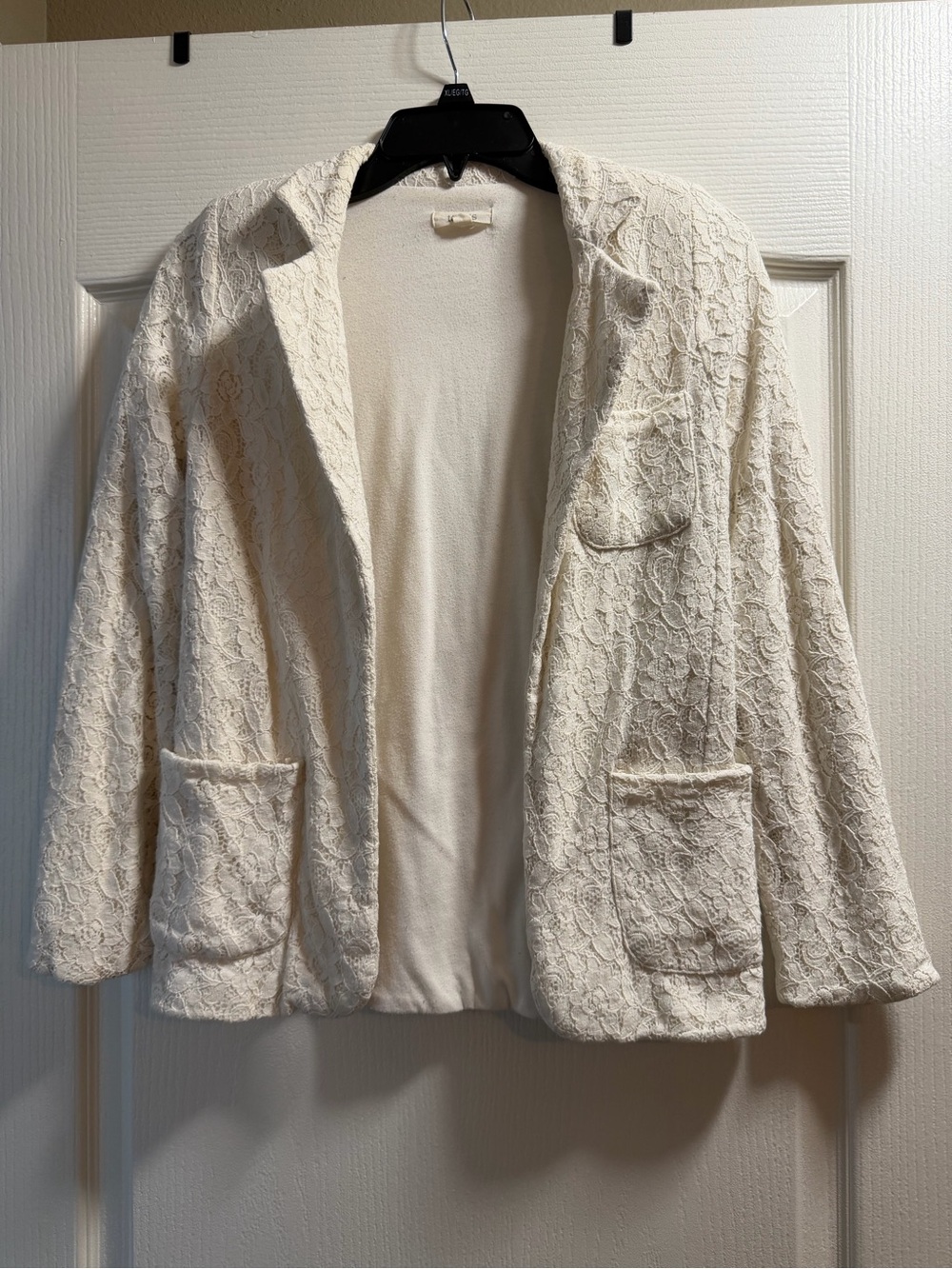 tennis Ivory Lace Open Front Blazer Cardigan with Patch Pockets S